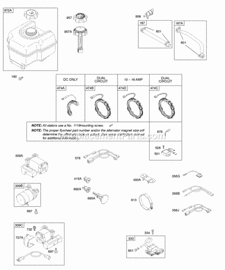 Alternator Electric Starter Fuel Supply Ignition Diagram and Parts List for 21C337-0110-E1  Briggs and Stratton Engine
